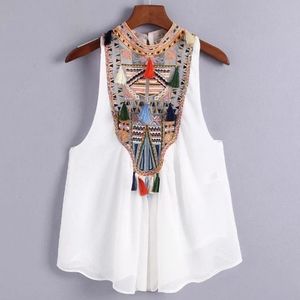 Boho Embroidered Tassle Tank